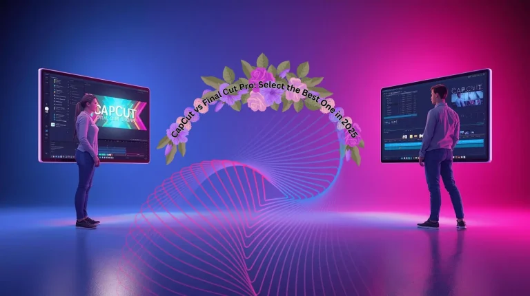 Realistic 3D image of a boy and girl comparing CapCut and Final Cut Pro editing tools