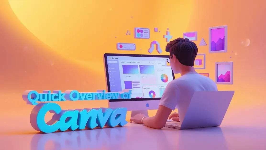 Modern 3D image showing Canva app interface with templates and design tools