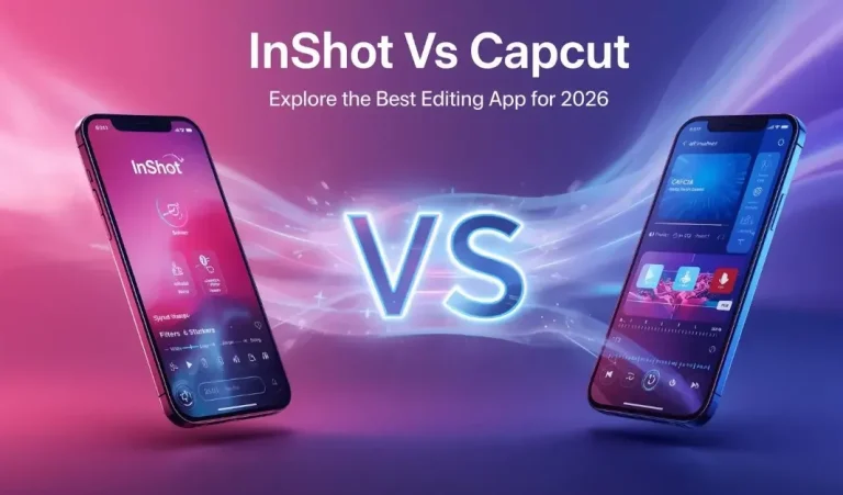 3D comparison banner showing InShot and CapCut video editing interfaces side by side with glowing VS symbol and bold text ‘InShot vs CapCut: Explore the Best Editing App for 2026’.