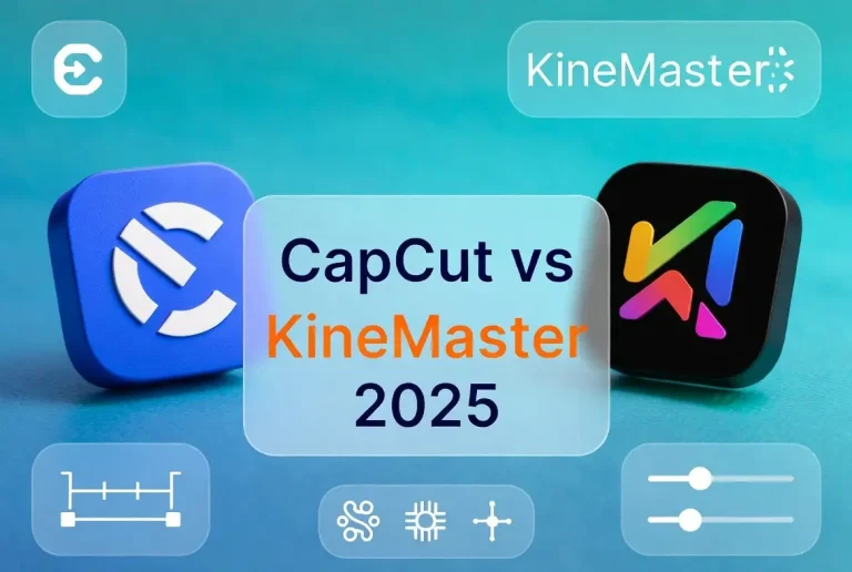 CapCut and KineMaster logos with 2025 comparison banner showing editing tools and UI elements
