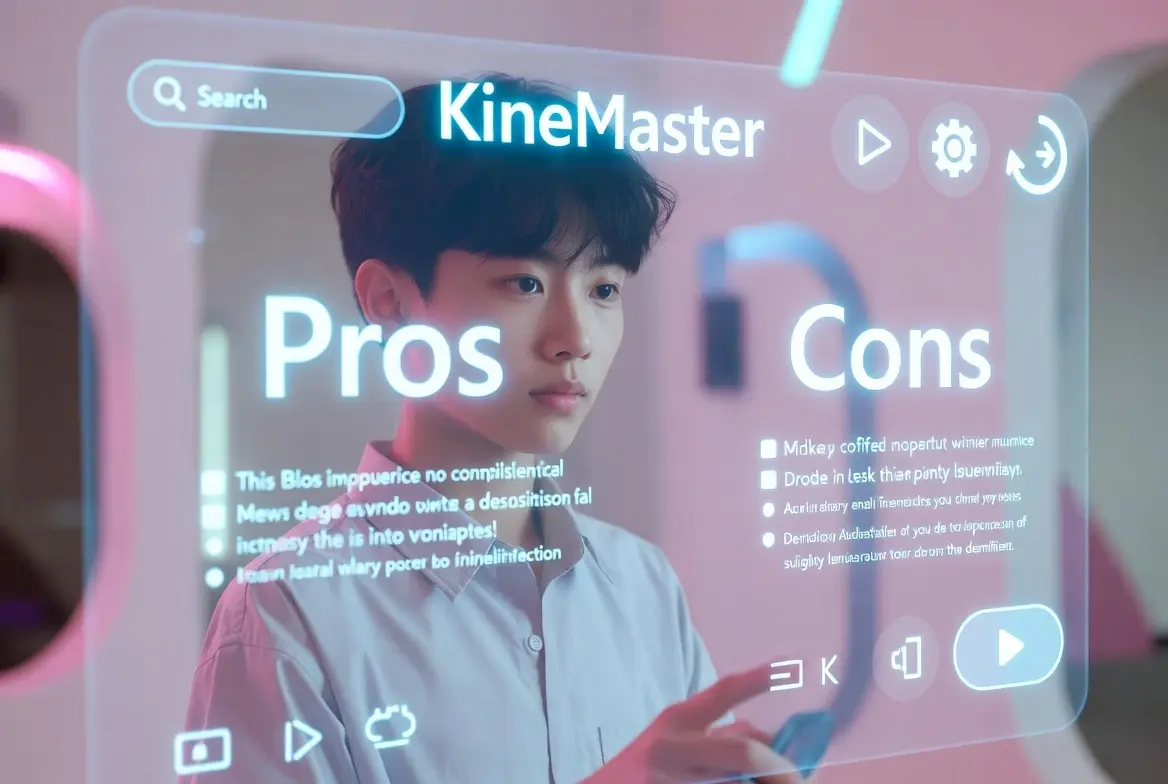 CapCut Vs Kinemaster: Which is Better for Video Editing? 4 Man pointing at KineMaster pros and cons screen showing positive and negative features