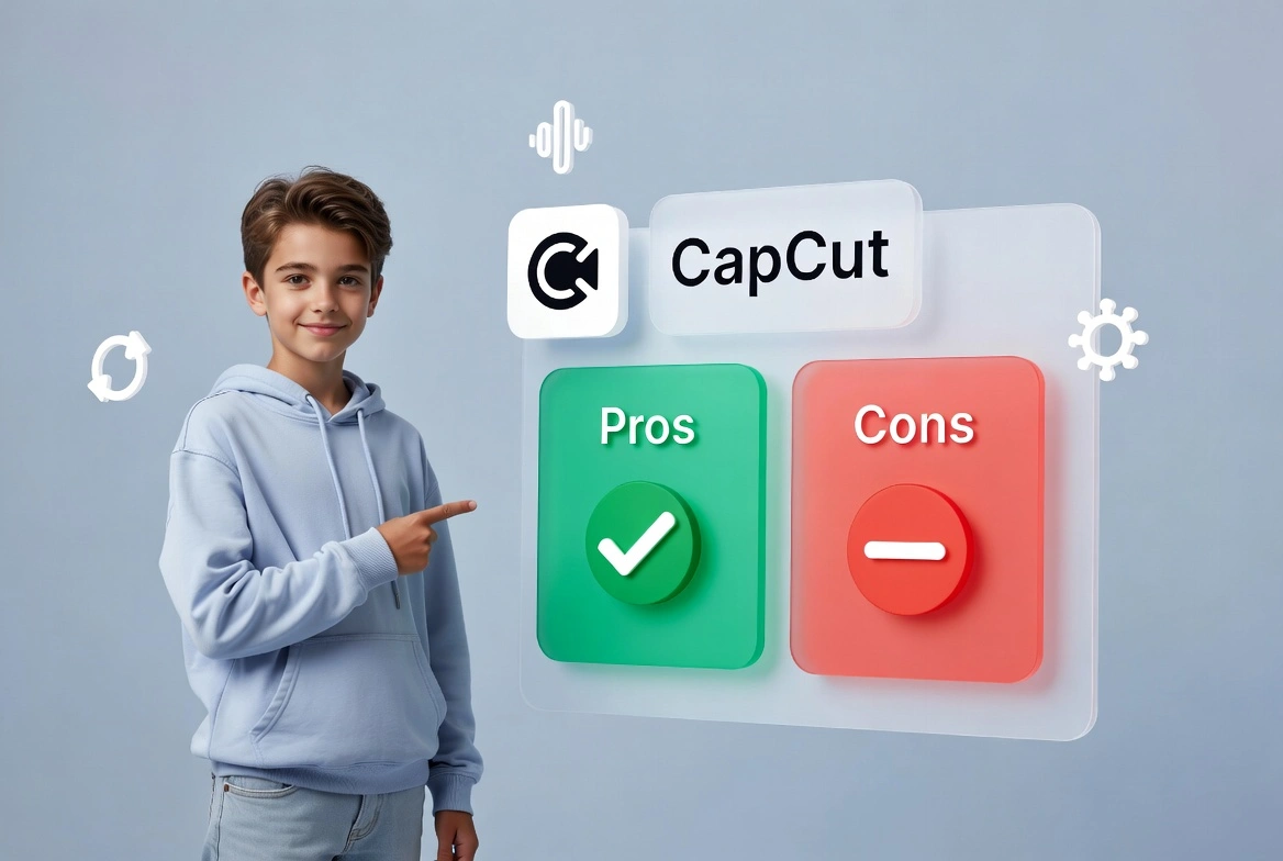 CapCut Vs Kinemaster: Which is Better for Video Editing? 3 Boy pointing at CapCut pros and cons icons showing positive and negative features