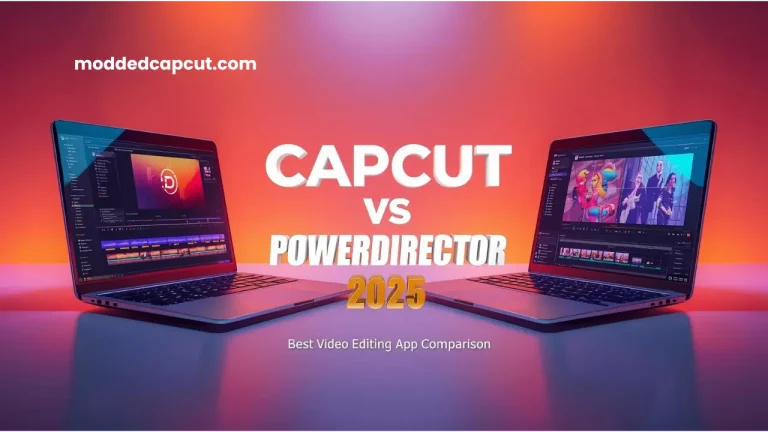 CapCut vs PowerDirector 2025 feature image showing 3D laptops comparing both video editing apps with modern UI design and vibrant background.